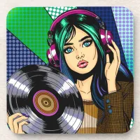 Pop Art Girl with Record Beverage Coaster