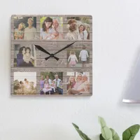 Custom 8 Photo Collage Rustic Farmhouse Reclaimed Square Wall Clock