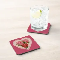 Magenta Vintage Rose Heart Valentine Beverage Coaster