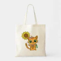 Cute Kawaii Cat Holding Flower Tote Bag