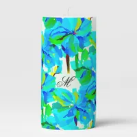 Sublime Himalayan Poppy Aqua Green Floral Pattern Pillar Candle