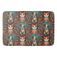 Whimsical Cats and Dog with Folk Art Flowers Bath Mat