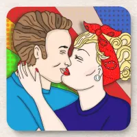 Retro 1950's Style Pop Art Couple Kissing Beverage Coaster
