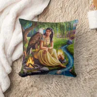 Native American Woman With Eagle by Stream Throw Pillow