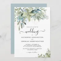 Elegant Dusty Blue Floral Script Wedding Invitation