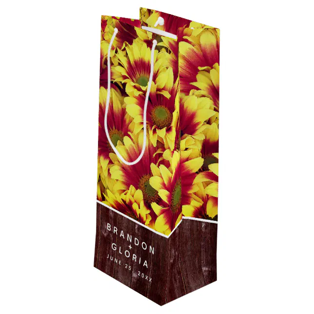 Rustic Autumn Sunflowers on Fence Wedding Wine Gift Bag