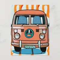 Tan and Blue Retro Hippie Van Vintage Art Postcard