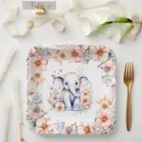 Cute Baby Elephant Girl's Baby Shower  Paper Plates