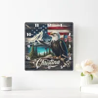 Bald Eagle Perched Amidst Mountain Landscape Square Wall Clock