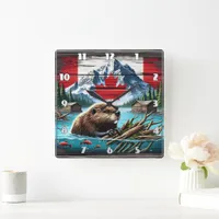 Canadian Beaver Swimming Near Rustic Cabins Square Wall Clock