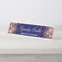 Rose Gold Glitter Navy Blue Gradient Desk Name Plate