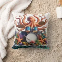 Octopus Playing Drums Surrounded by Coral Reef Throw Pillow