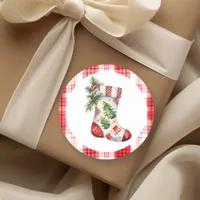  Watercolor Christmas Stocking with Plaid Classic Round Sticker