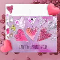 Romantic Doodle Watercolor Hearts Valentine's Day Postcard