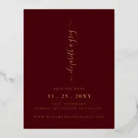 Simple Burgundy handwritten luxe Save The Date  Foil Invitation Postcard