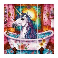 Adorable Unicorn Blue and Purple Mane in the Bath  Triptych