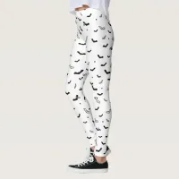 Halloween Black and White Flying Bats Pattern Leggings