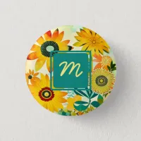 Pretty Folk Art Flowers Monogrammed Button