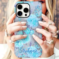 Blue Vintage Floral Custom Name iPhone 16 Pro Max Case