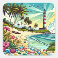 Pretty Comic Book Style Tropical Paradise Square Sticker