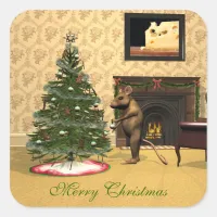 Cute Mouse Decorating a Christmas Tree Square Sticker