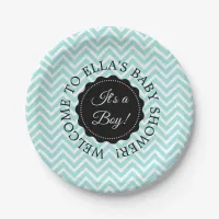Personalized Baby Shower Teal Chevron Paper Plates