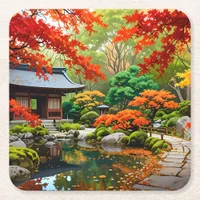 Crimson Cascade - Autumn in a Japanese Garden Square Paper Coaster