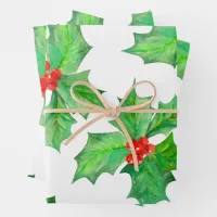 Holly Leaves, Berries, Red, Green Floral Christmas Wrapping Paper Sheets