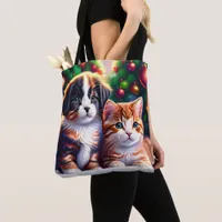 Cute puppy and cat under Christmas tree Tote Bag