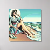 1950's Retro Woman Sitting on the Beach Canvas Print