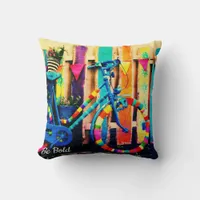 Colorful Art Bicycle with Customized Text Throw Pillow