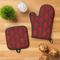 Elegant, Vintage, Victorian Damask Red Oven Mitt & Pot Holder Set