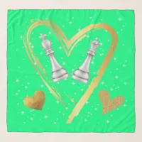 Gold Hearts King and Queen Chess Pieces on Green | Scarf