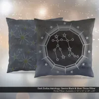 Dark Zodiac Astrology: Gemini Black & Silver Throw Pillow