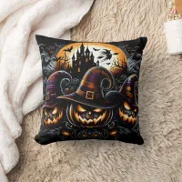 Haunted castle with spooky pumpkins throw pillow