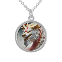 Fire breathing dragon red white and gold scales sterling silver necklace