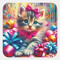 Cute Pink and Blue Kitten Girl's Birthday Square Sticker