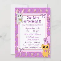 Cute Llama, Kitten and Mouse Purple Birthday Invitation