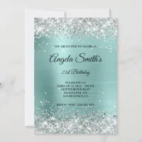 Sparkly Silver Glitter Turquoise Foil Monogram Invitation