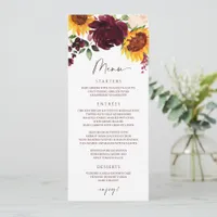 Fall Sunflower Roses Burgundy Red Wedding Menu