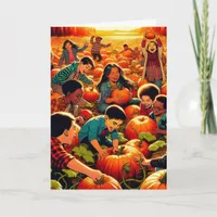 Kids having Fun at the Pumpkin Patch Halloween Card