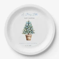 Blue Bow Christmas Tree Merry Little Baby Shower Paper Plates