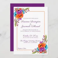 Purple Turquoise Orange Floral Watercolor Wedding Invitation