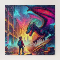 Boy Encounters a Dragon in a Dystopian World Jigsaw Puzzle