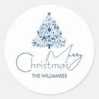 Minimalist Hygge White and Blue Christmas Tree Classic Round Sticker