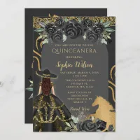 Black Gold Western Horse Floral Charra Quincea&#241;era Invitation