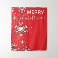 Merry Christmas White Snowflakes on Red  Tapestry