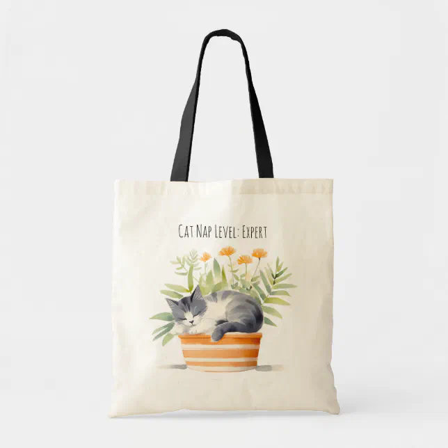 Cute Sleepy Kitten Garden Pot Cat Watercolor Art Tote Bag