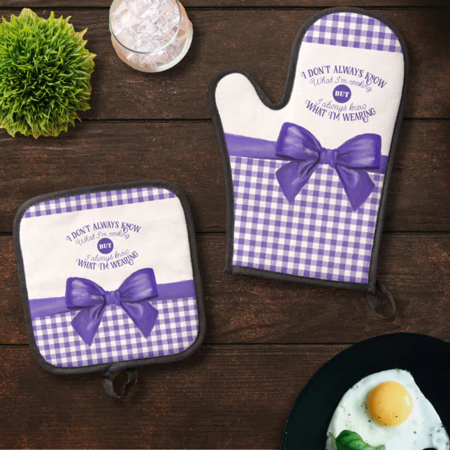 Charming Culinary Comedy: The Purple Vichy Oven Mitt & Pot Holder Set