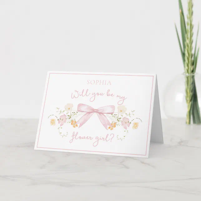 Chic Flower Girl Proposal with Bow and Name Pink Card